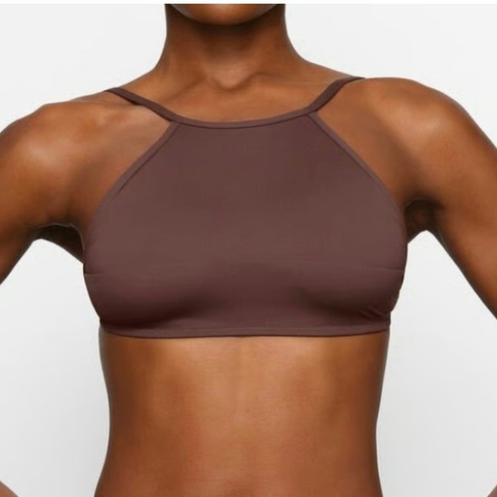 Skims Recycled Swim High Neck Top in Cocoa Size XXS